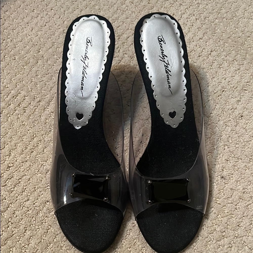 Beverly Feldman Black and Clear Mules with Black Jewel Detail